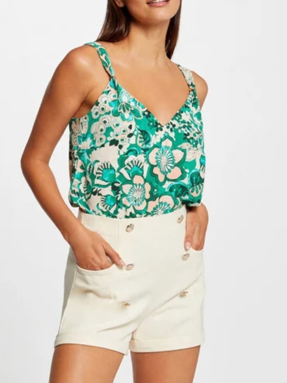 Morgan de Toi Green and Cream Floral V-Neck Camisole - Medium